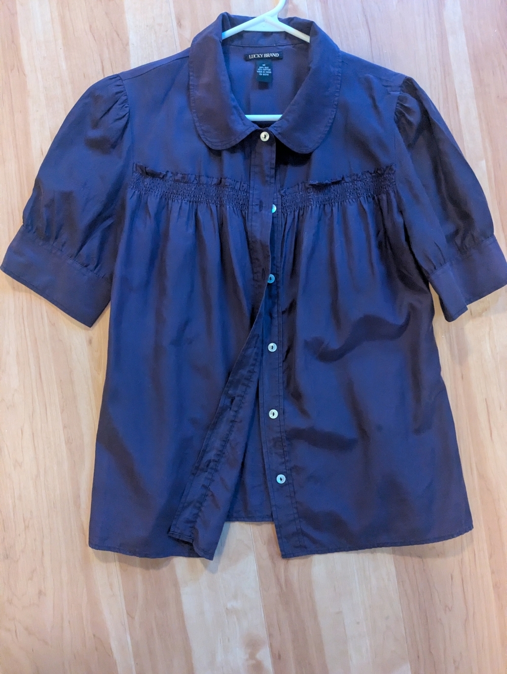 Lucky Brand Purple Short-Sleeve Smocked Button-Up Top